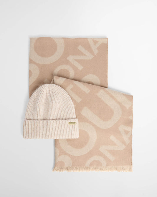 Barbour International Womens Pendle Beanie & Kenna Scarf Gift Set - Moonbeam/Camel | CHO | Designer Womens Accessory Gift Sets