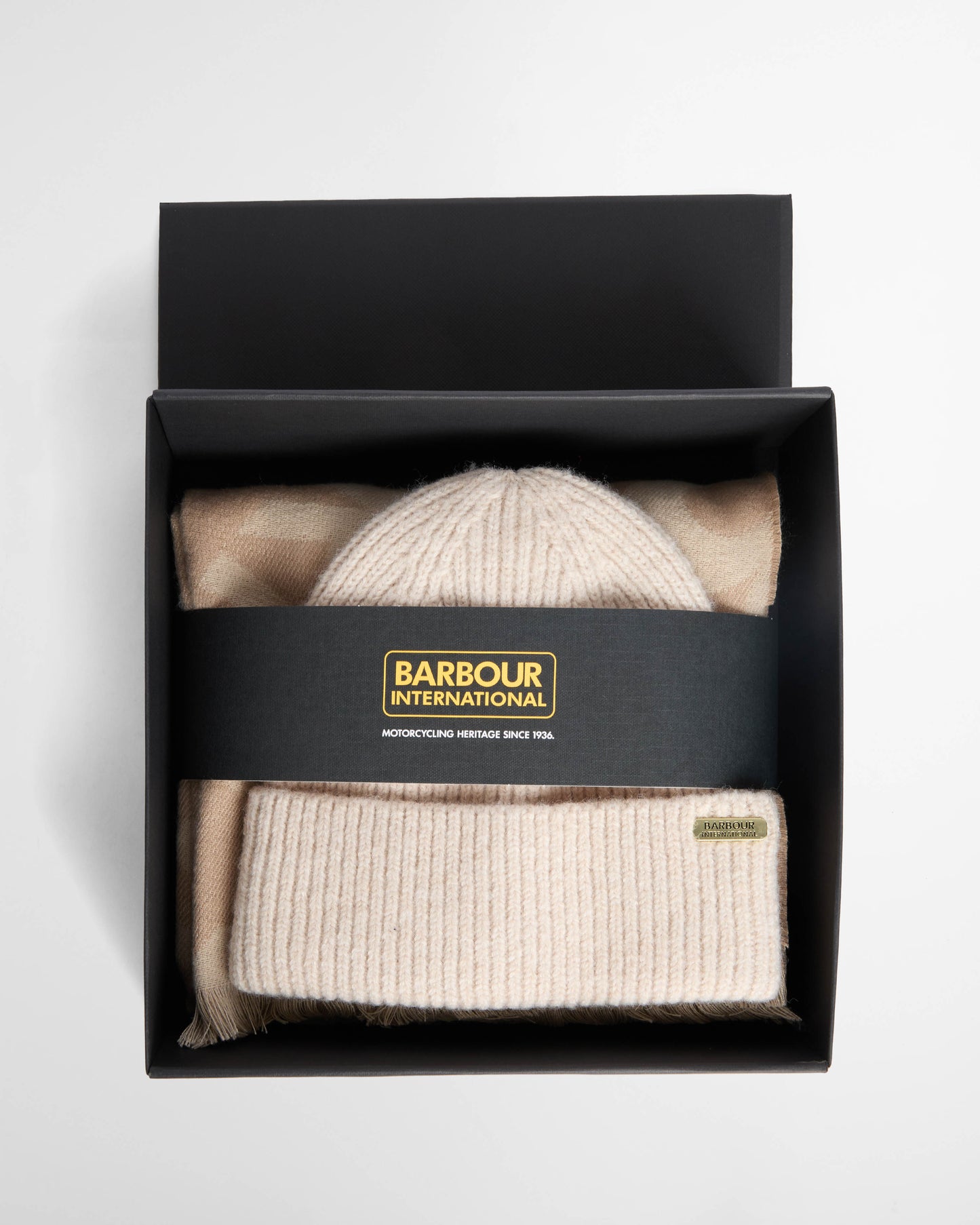 Barbour International Womens Pendle Beanie & Kenna Scarf Gift Set - Moonbeam/Camel