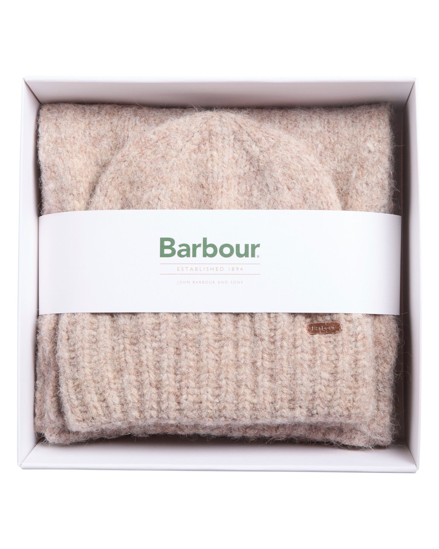 Barbour Emmy Womens Beanie & Scarf Gift Set - Taupe Mist | CHO | Designer Womens Accessory Gift Sets