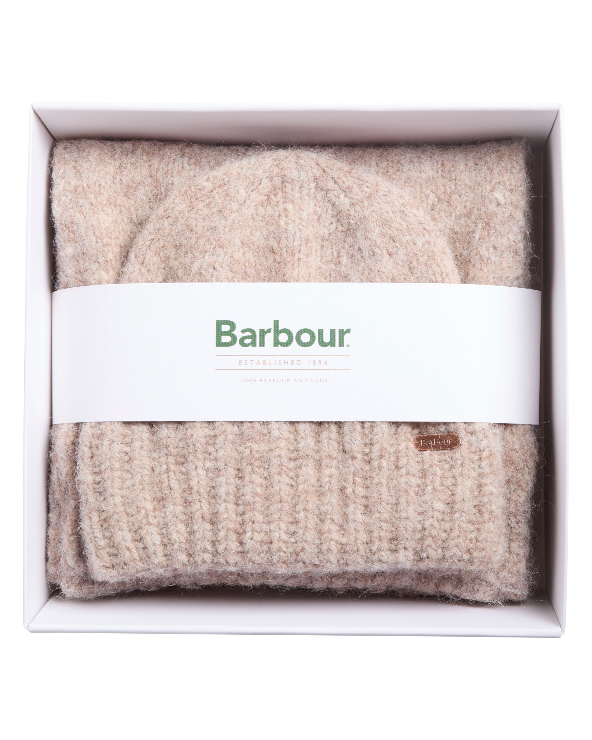 Barbour Emmy Womens Beanie & Scarf Gift Set - Taupe Mist | CHO | Designer Womens Accessory Gift Sets