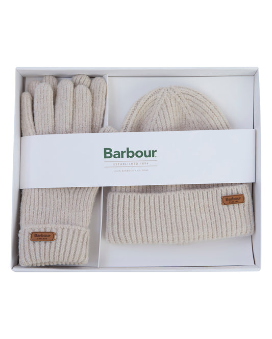 Barbour Pendle Womens Beanie & Gloves Gift Set - Eggshell