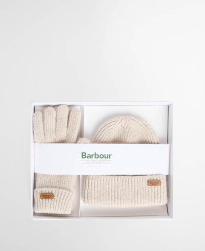 Barbour Pendle Womens Beanie & Gloves Gift Set - Eggshell | CHO | Designer Womens Accessory Gift Sets