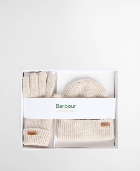 Barbour Pendle Womens Beanie & Gloves Gift Set - Eggshell | CHO | Designer Womens Accessory Gift Sets