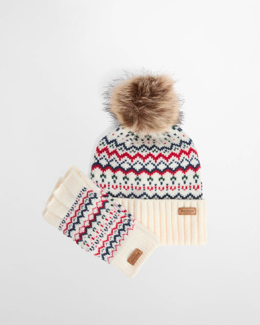 Barbour Holly Womens Beanie & Gloves Gift Set - Antique White | CHO | Designer Womens Accessory Gift Sets