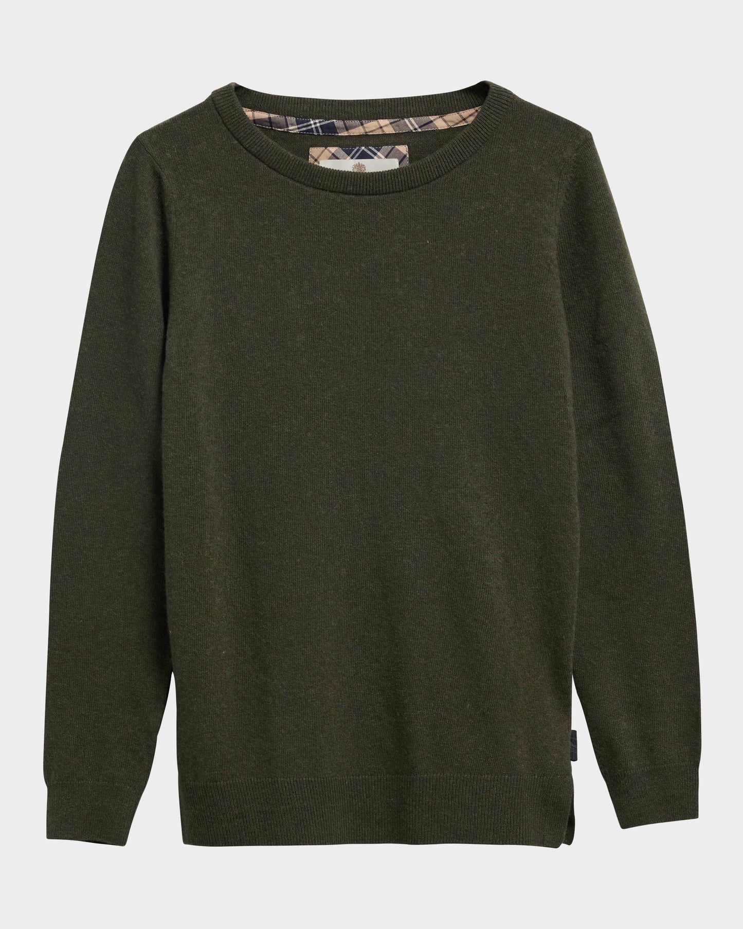 Barbour Pendle Crew Knitted Womens Jumper - Olive/Birchwood Tartan | CHO | Designer Womens Crew Neck Jumpers