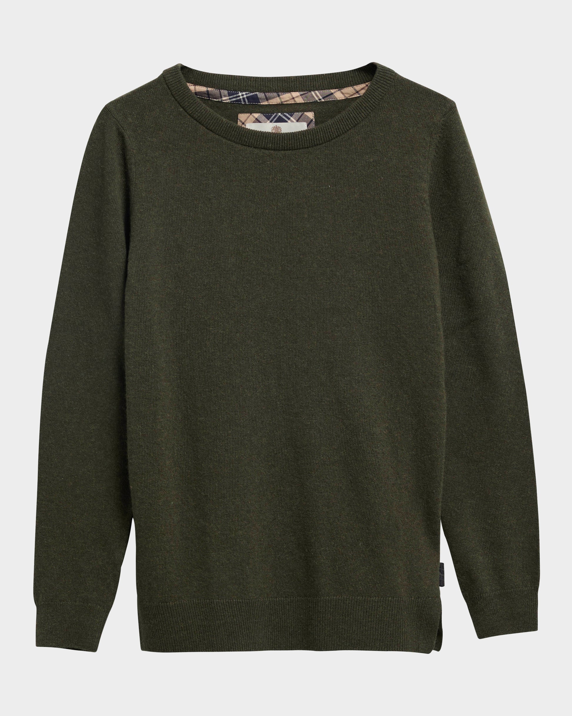 Barbour Pendle Crew Knitted Womens Jumper - Olive/Birchwood Tartan | CHO | Designer Womens Crew Neck Jumpers