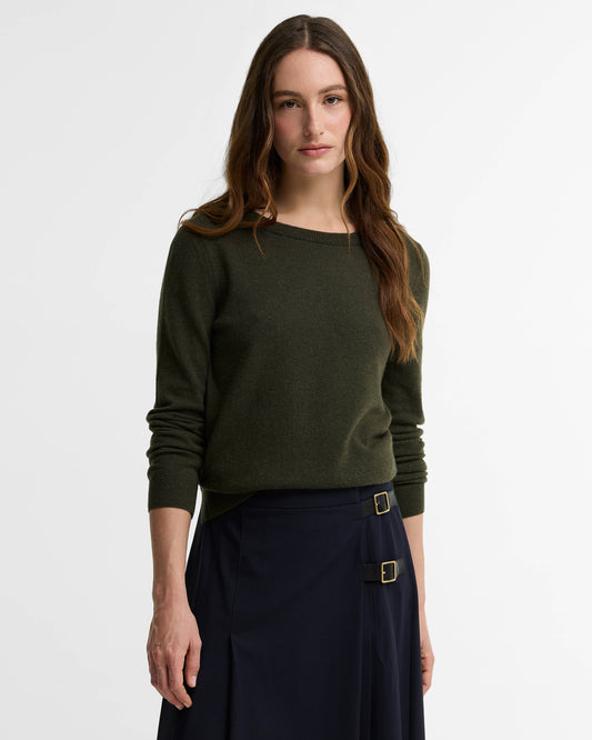Barbour Pendle Crew Knitted Womens Jumper - Olive/Birchwood Tartan | CHO | Designer Womens Crew Neck Jumpers