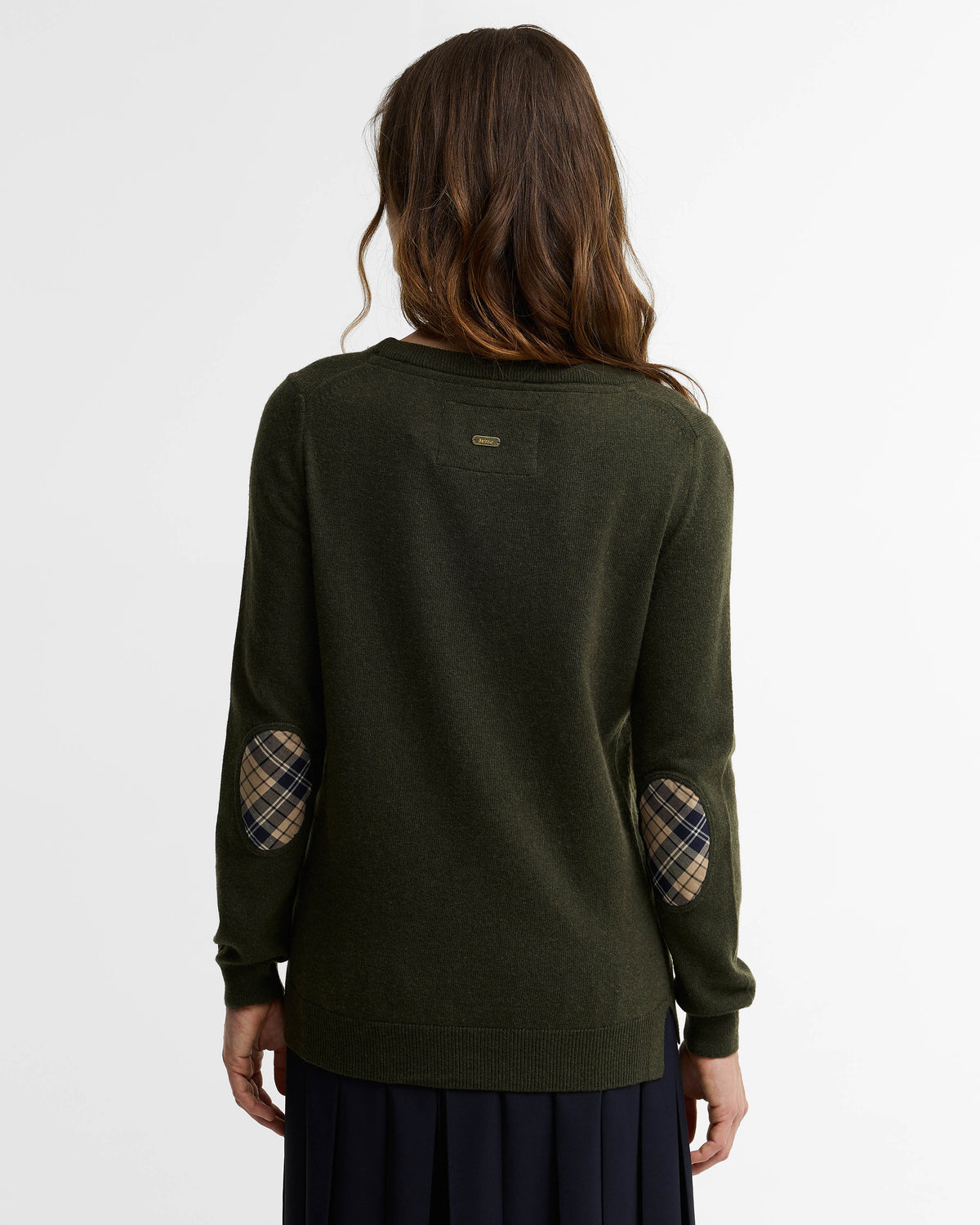 Barbour Pendle Crew Knitted Womens Jumper - Olive/Birchwood Tartan | CHO | Designer Womens Crew Neck Jumpers