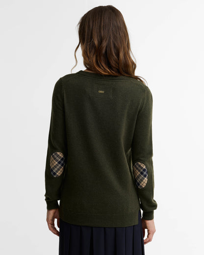Barbour Pendle Crew Knitted Womens Jumper - Olive/Birchwood Tartan | CHO | Designer Womens Crew Neck Jumpers