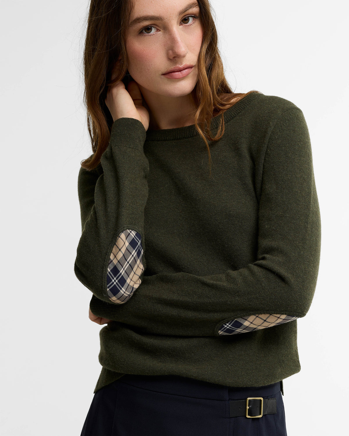 Barbour Pendle Crew Knitted Womens Jumper - Olive/Birchwood Tartan | CHO | Designer Womens Crew Neck Jumpers