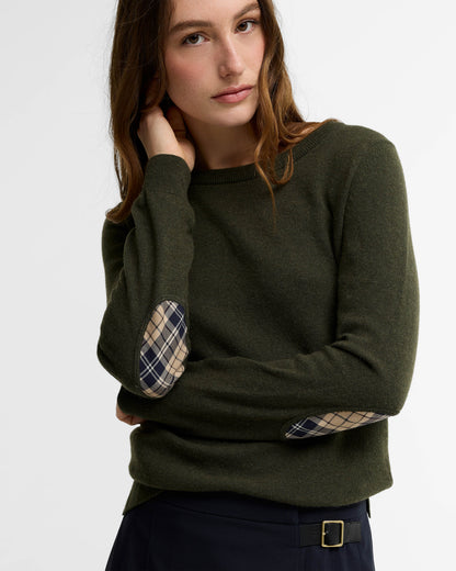 Barbour Pendle Crew Knitted Womens Jumper - Olive/Birchwood Tartan | CHO | Designer Womens Crew Neck Jumpers