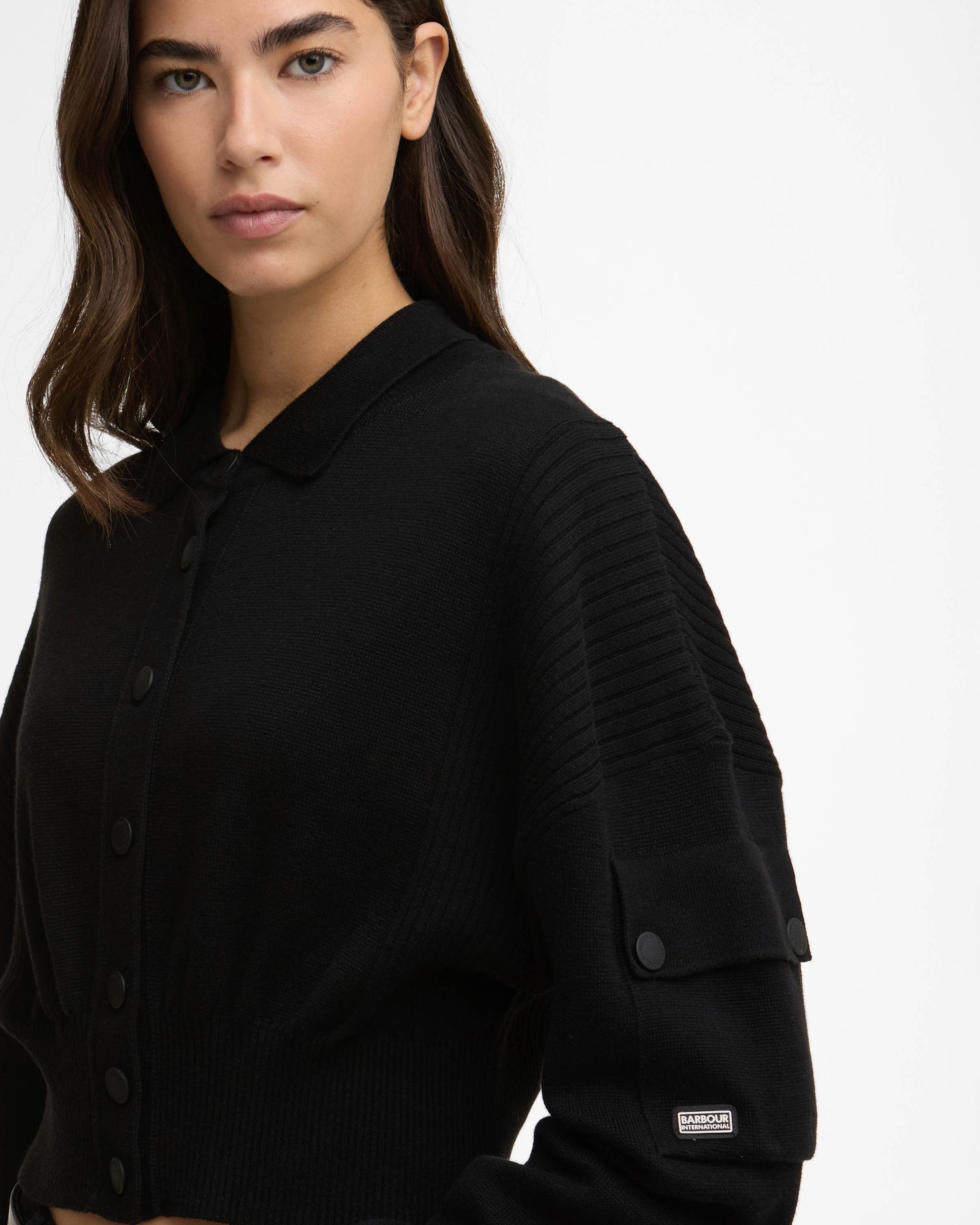 Barbour International Gigi Womens Knitted Bomber - Black | CHO | Designer Womens Cardigans