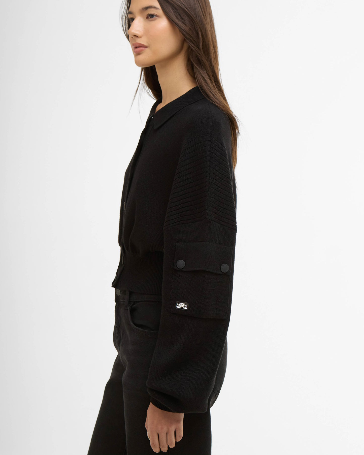 Barbour International Gigi Womens Knitted Bomber - Black | CHO | Designer Womens Cardigans