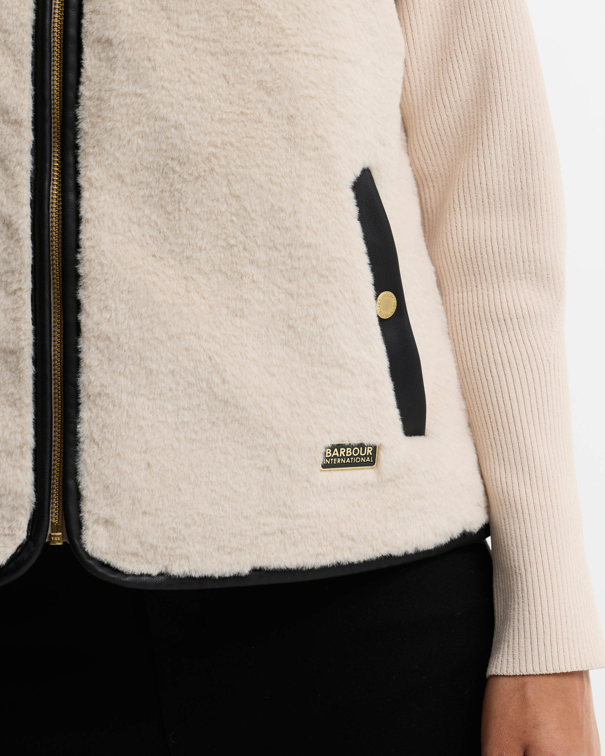 Barbour International Oulton Womens Faux Fur Liner - Lt Stone/Black | CHO | Designer Womens Jacket Liners