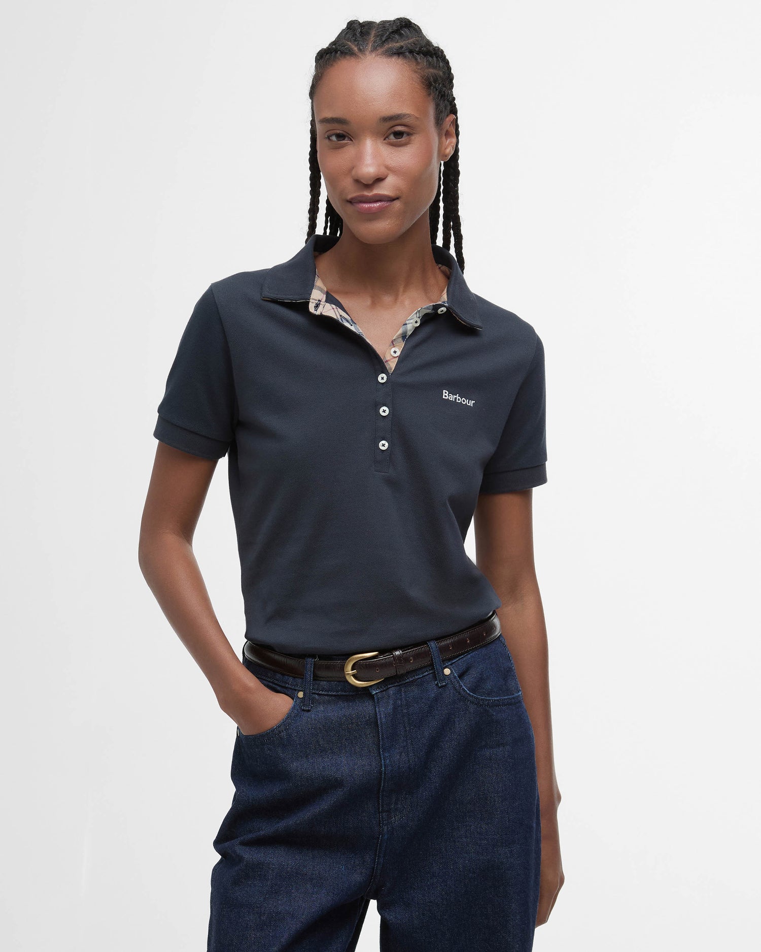 Barbour Portsdown Womens Top - Navy/Hessian Tartan | CHO | Designer Womens Short Sleeve Tops