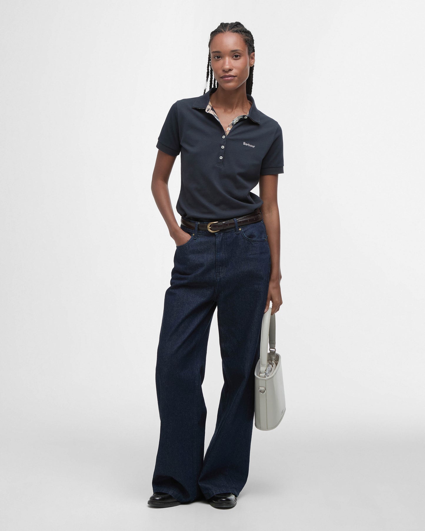 Barbour Portsdown Womens Top - Navy/Hessian Tartan | CHO | Designer Womens Short Sleeve Tops