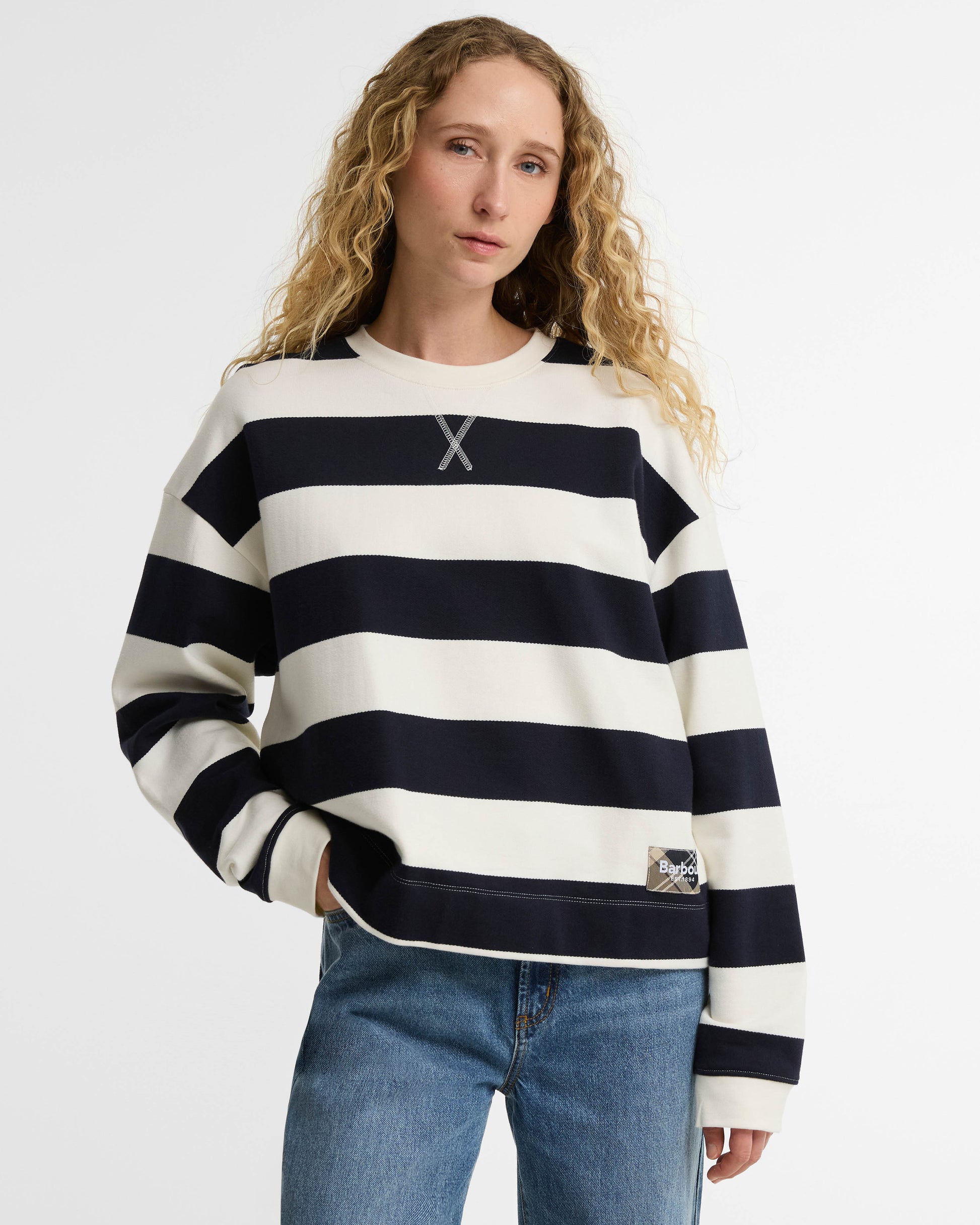 Barbour Eva Womens Sweatshirt - Cloud/Dark Navy | CHO | Designer Womens Crew Neck Sweatshirts