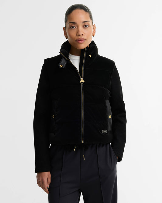 Barbour International Balaton Womens Faux Velvet Quilted Hybrid Jacket - Black | CHO | Designer Womens Hybrid Jackets