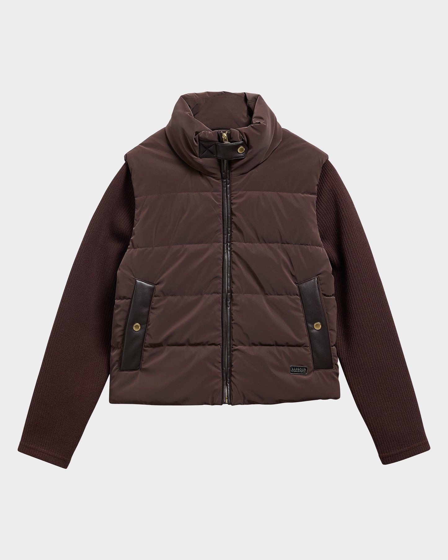 Barbour International Balaton Womens Faux Velvet Quilted Hybrid Jacket - Truffle | CHO | Designer Womens Hybrid Jackets