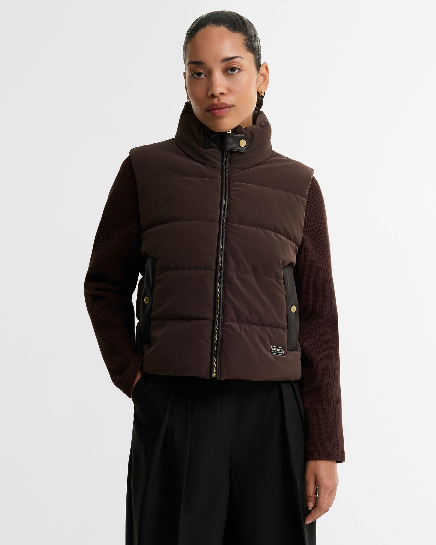 Barbour International Balaton Womens Faux Velvet Quilted Hybrid Jacket - Truffle | CHO | Designer Womens Hybrid Jackets