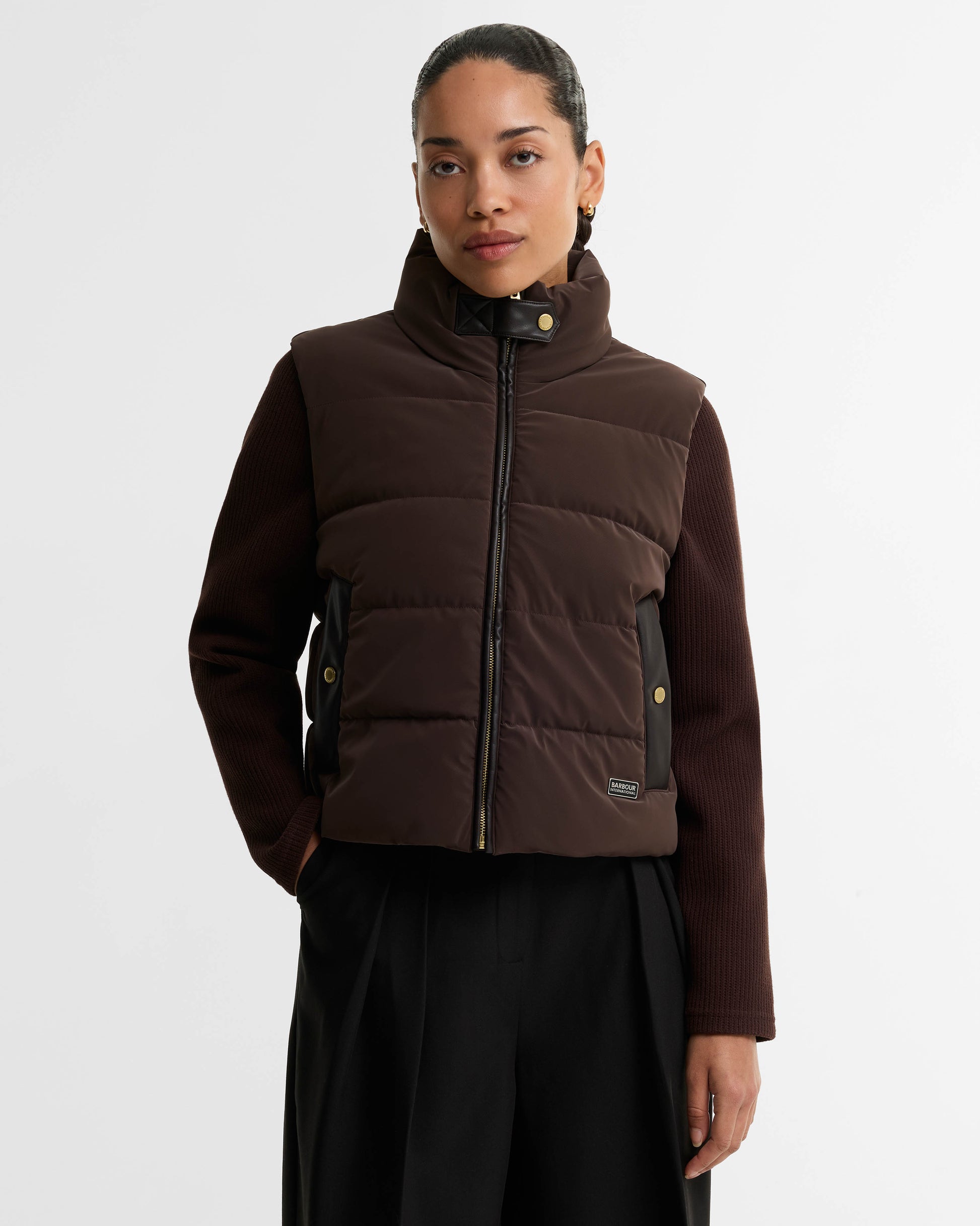 Barbour International Balaton Womens Faux Velvet Quilted Hybrid Jacket - Truffle | CHO | Designer Womens Hybrid Jackets