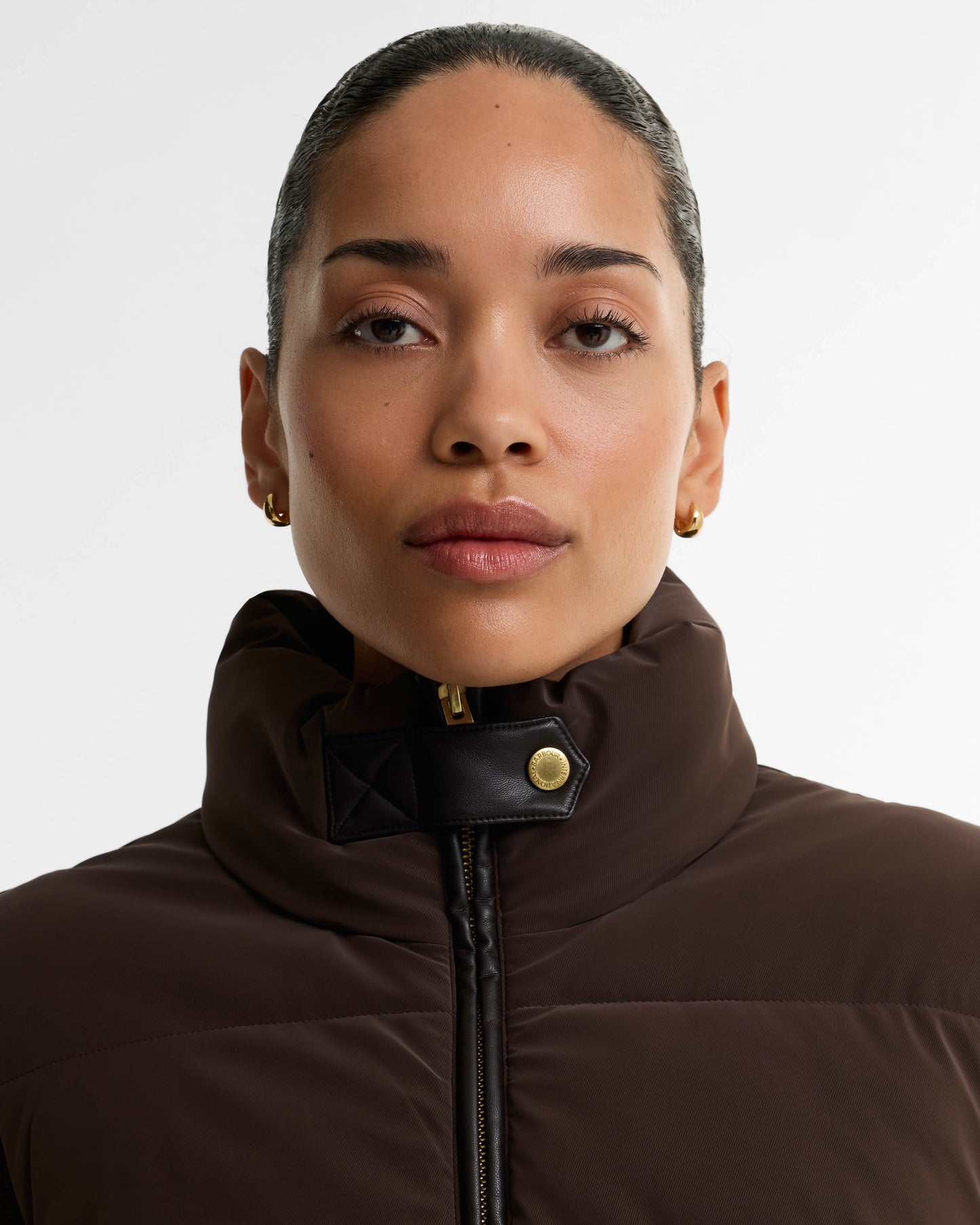 Barbour International Balaton Womens Faux Velvet Quilted Hybrid Jacket - Truffle | CHO | Designer Womens Hybrid Jackets