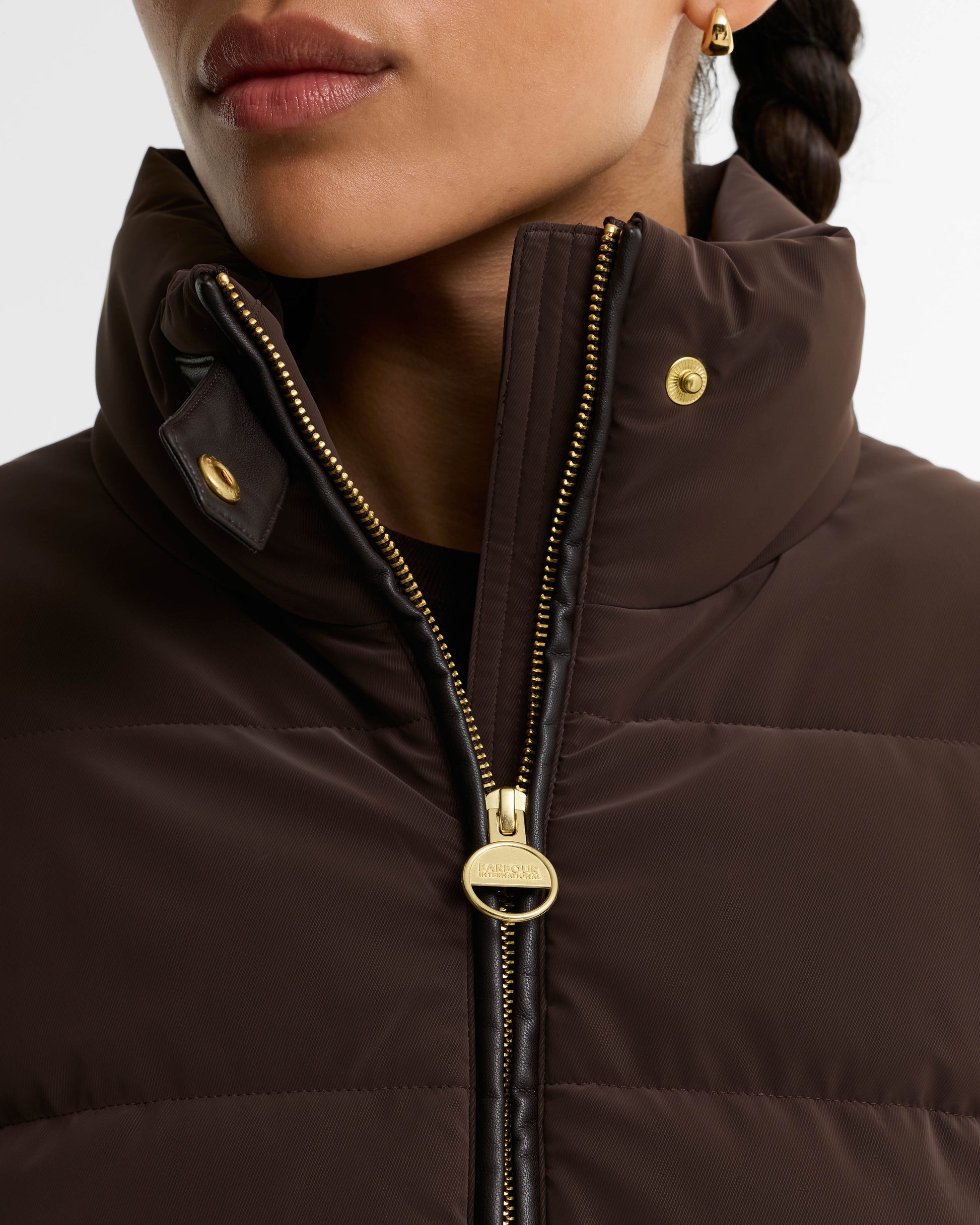 Barbour International Balaton Womens Faux Velvet Quilted Hybrid Jacket - Truffle | CHO | Designer Womens Hybrid Jackets