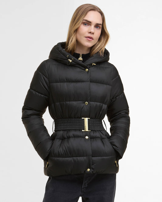 Barbour International Short Track Line Womens Puffer Jacket - Black/Jasmine Leopard Print