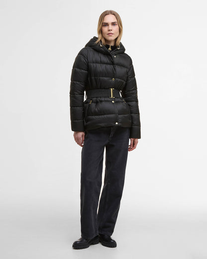 Barbour International Short Track Line Womens Puffer Jacket - Black/Jasmine Leopard Print