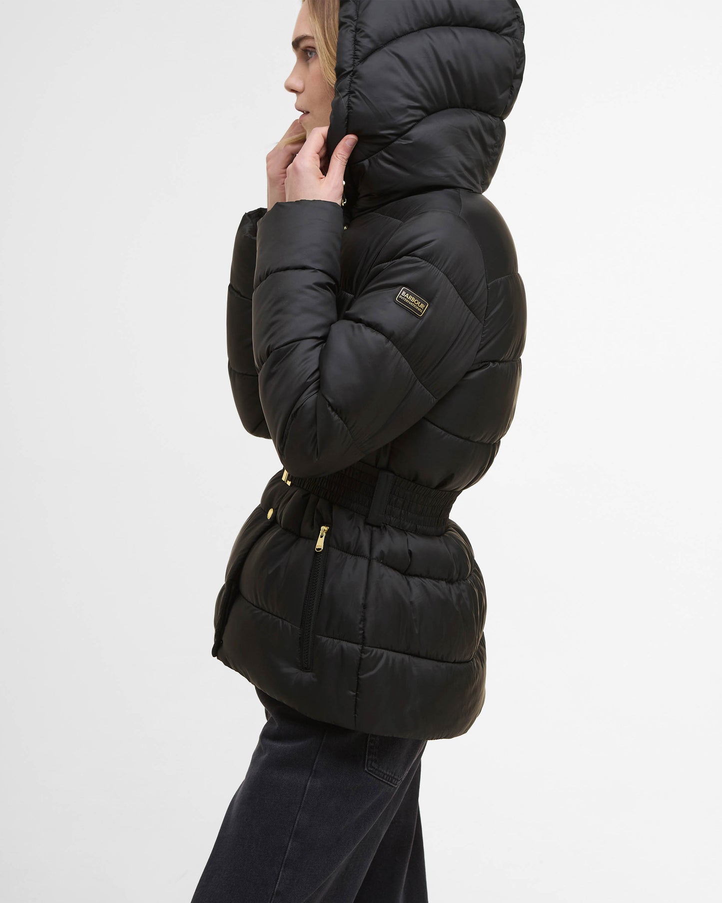 Barbour International Short Track Line Womens Puffer Jacket - Black/Jasmine Leopard Print