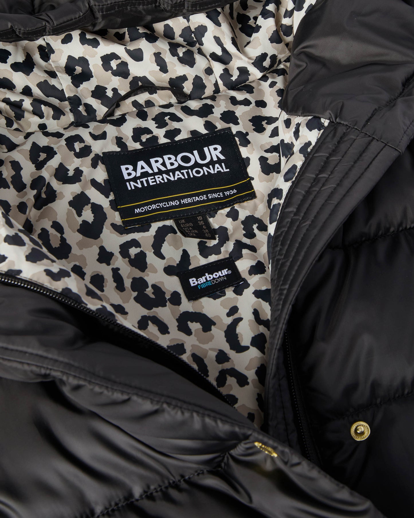 Barbour International Short Track Line Womens Puffer Jacket - Black/Jasmine Leopard Print