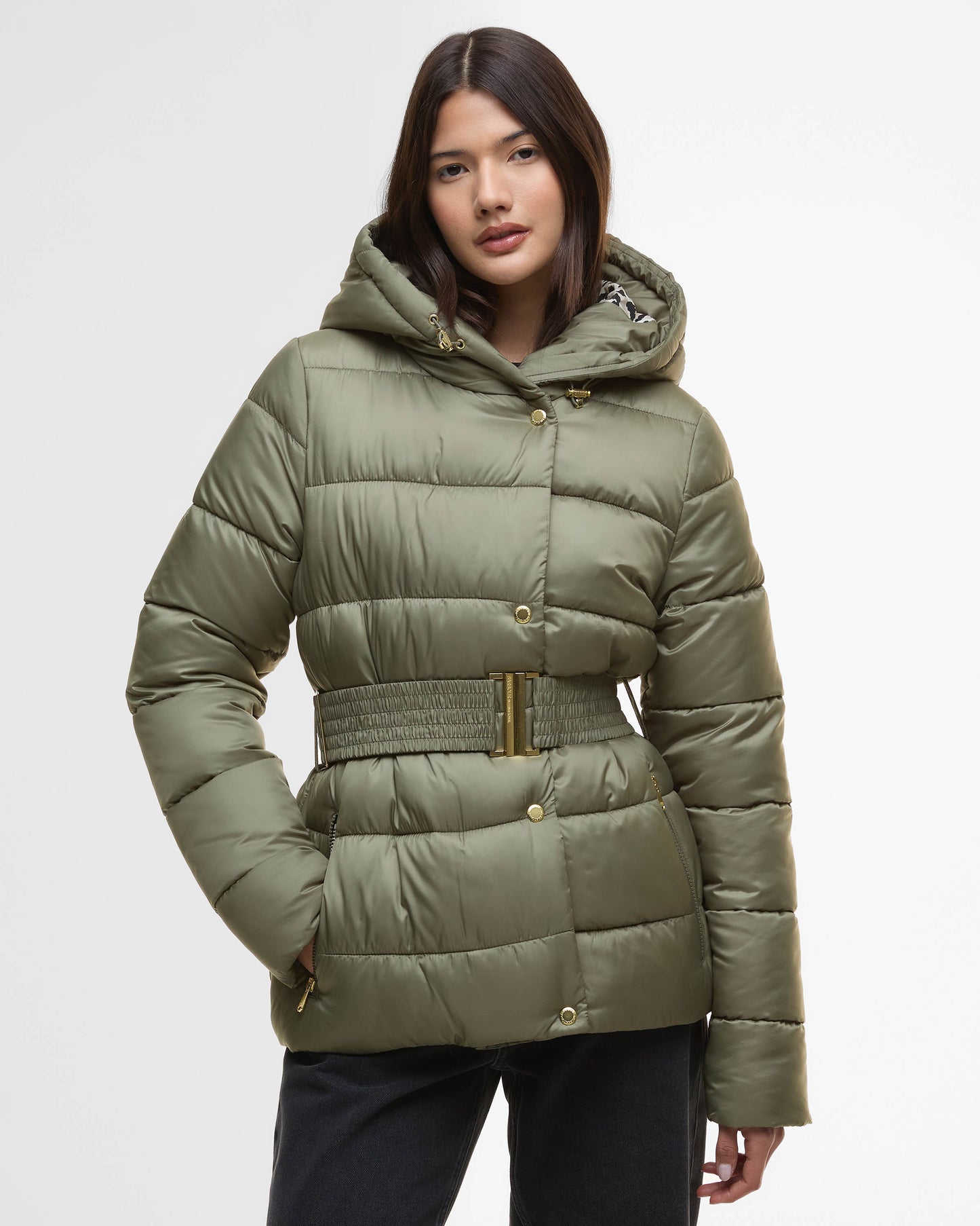 Barbour International Short Track Line Womens Puffer Jacket - Dusky Khaki/Jasmine Leopard Print