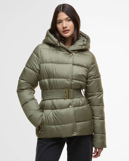 Barbour International Short Track Line Womens Puffer Jacket - Dusky Khaki/Jasmine Leopard Print