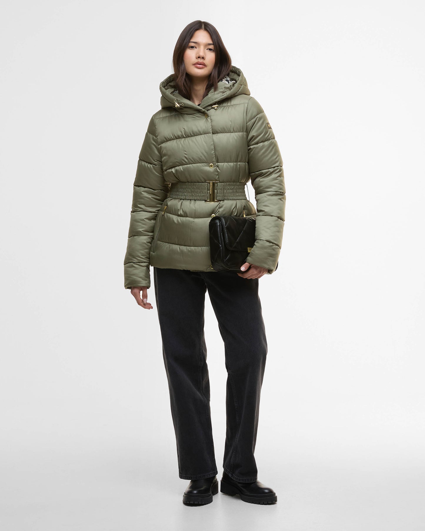 Barbour International Short Track Line Womens Puffer Jacket - Dusky Khaki/Jasmine Leopard Print
