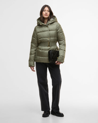 Barbour International Short Track Line Womens Puffer Jacket - Dusky Khaki/Jasmine Leopard Print