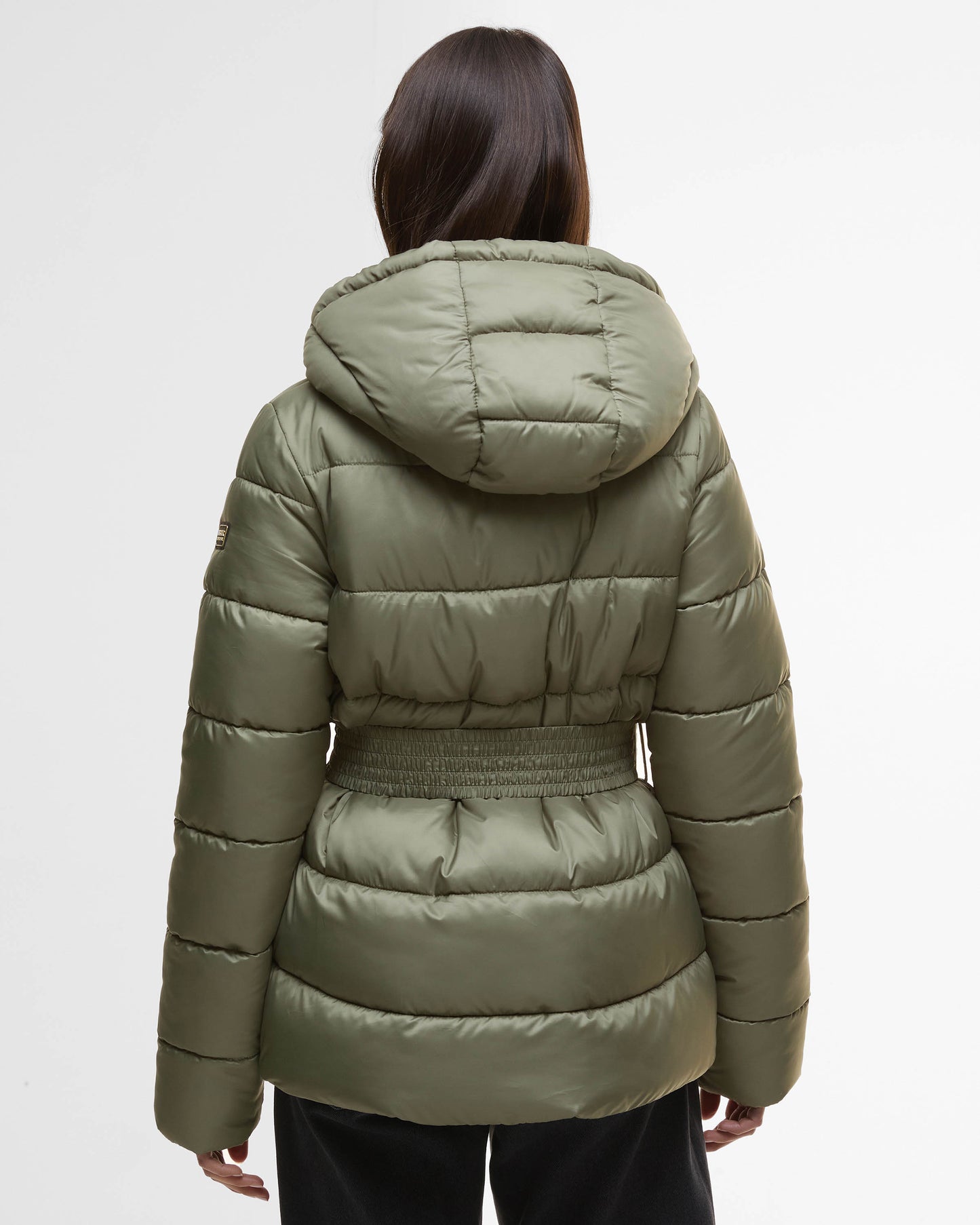 Barbour International Short Track Line Womens Puffer Jacket - Dusky Khaki/Jasmine Leopard Print