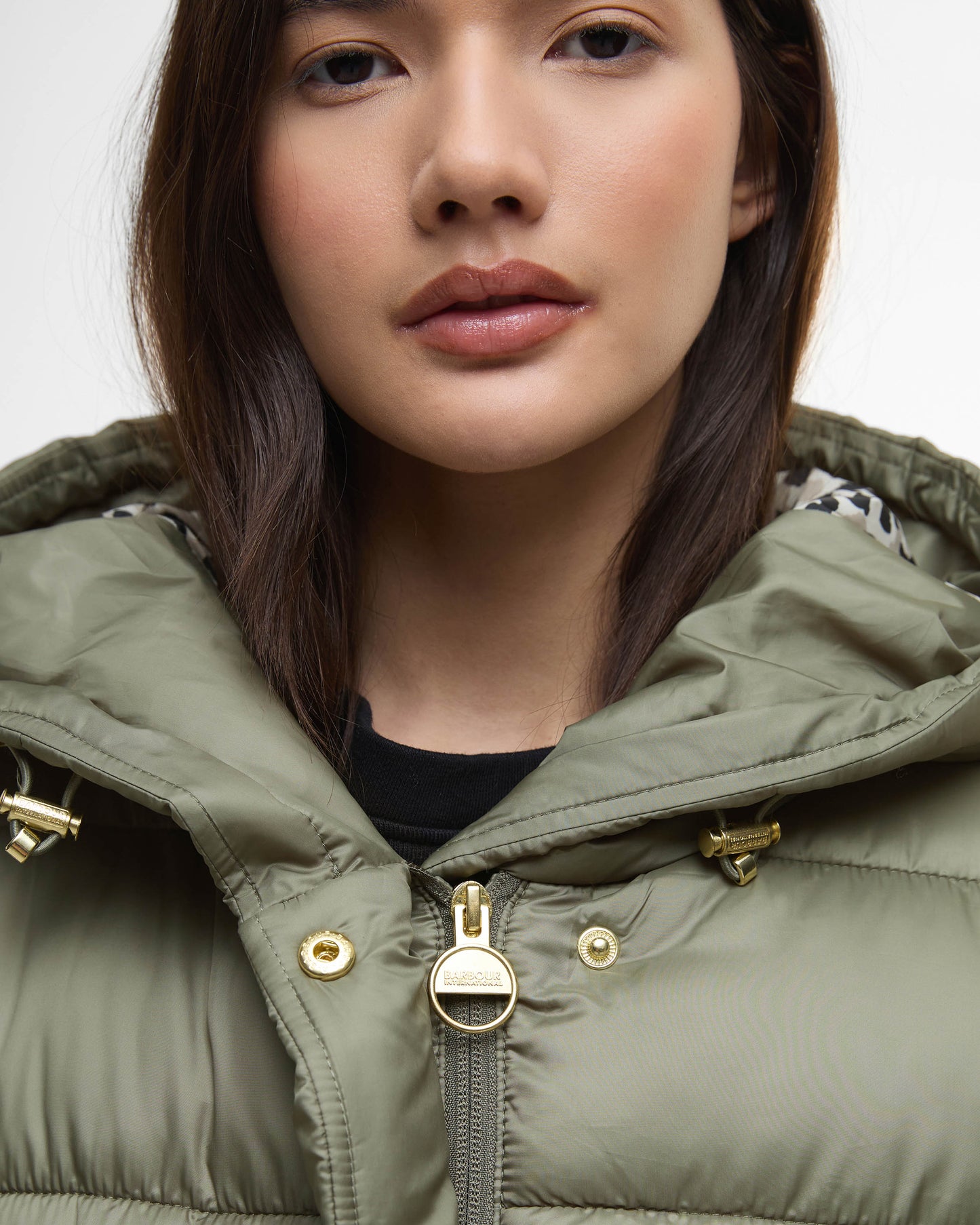 Barbour International Short Track Line Womens Puffer Jacket - Dusky Khaki/Jasmine Leopard Print