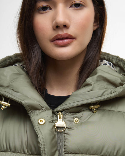 Barbour International Short Track Line Womens Puffer Jacket - Dusky Khaki/Jasmine Leopard Print