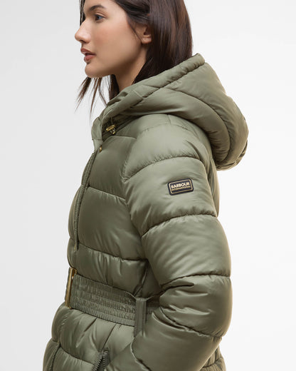Barbour International Short Track Line Womens Puffer Jacket - Dusky Khaki/Jasmine Leopard Print