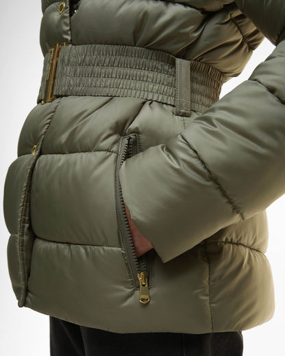 Barbour International Short Track Line Womens Puffer Jacket - Dusky Khaki/Jasmine Leopard Print