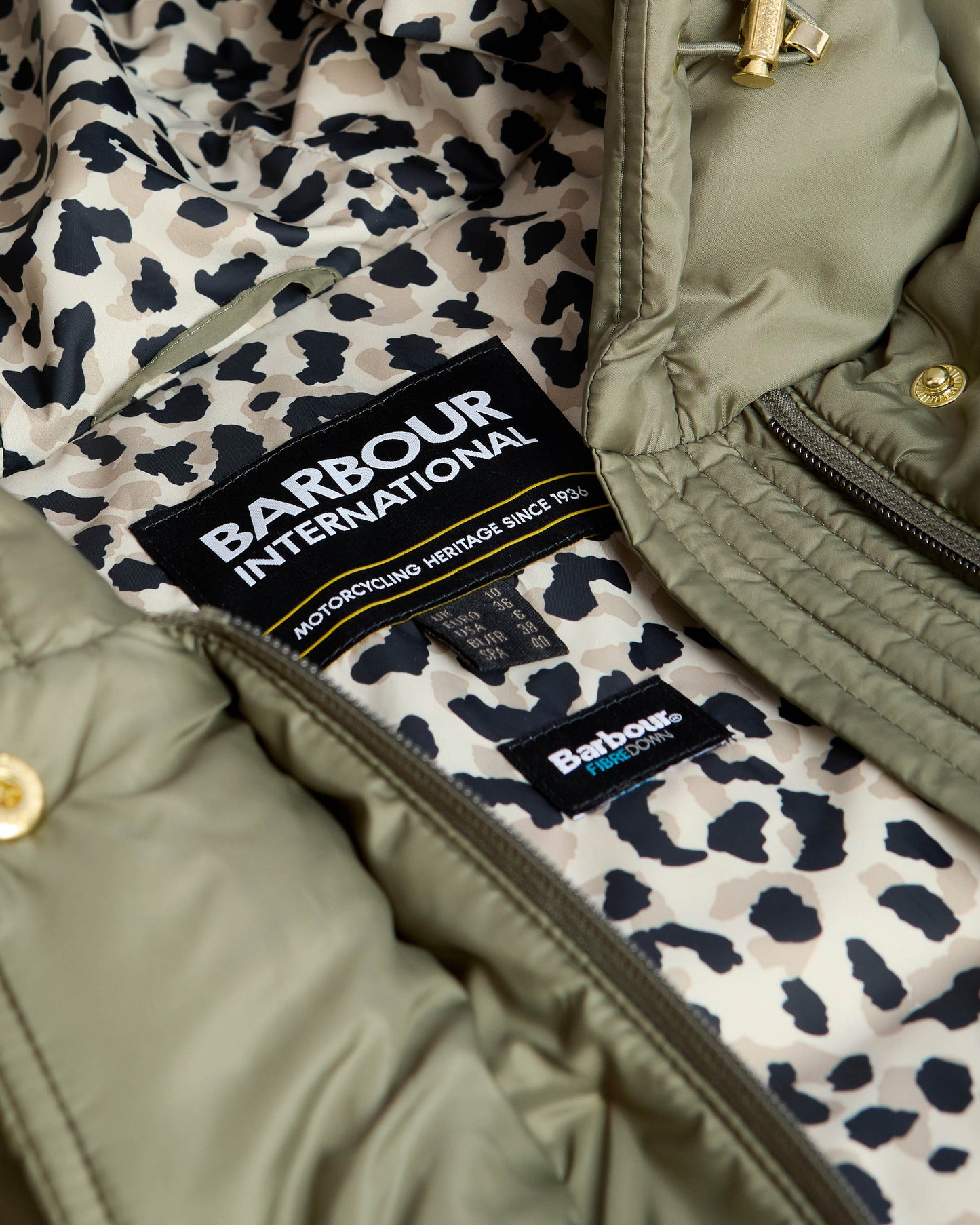 Barbour International Short Track Line Womens Puffer Jacket - Dusky Khaki/Jasmine Leopard Print