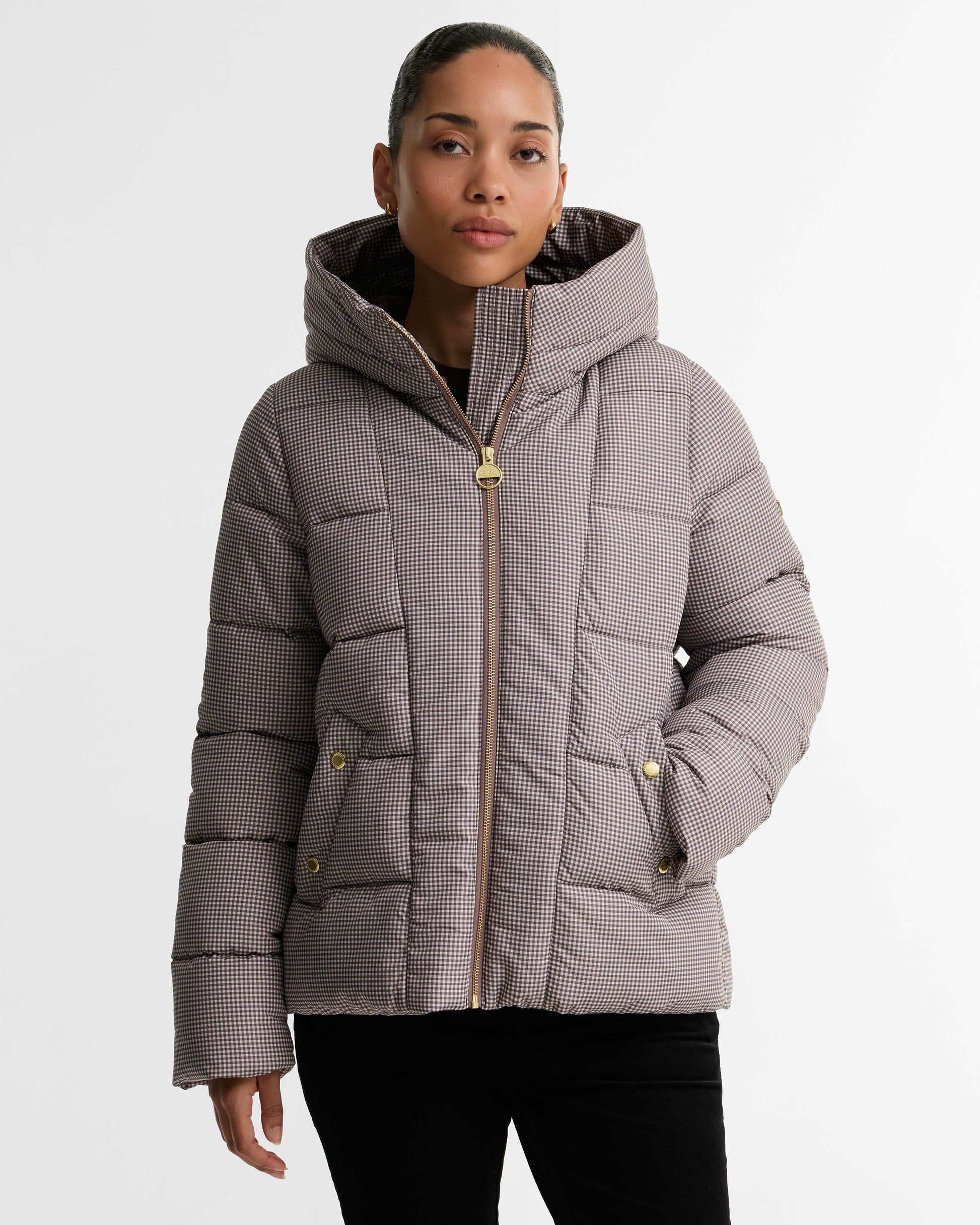 Barbour International Printed Brantley Womens Puffer Jacket - Truffle Northumberland Check | CHO | Designer Womens Puffer Jackets