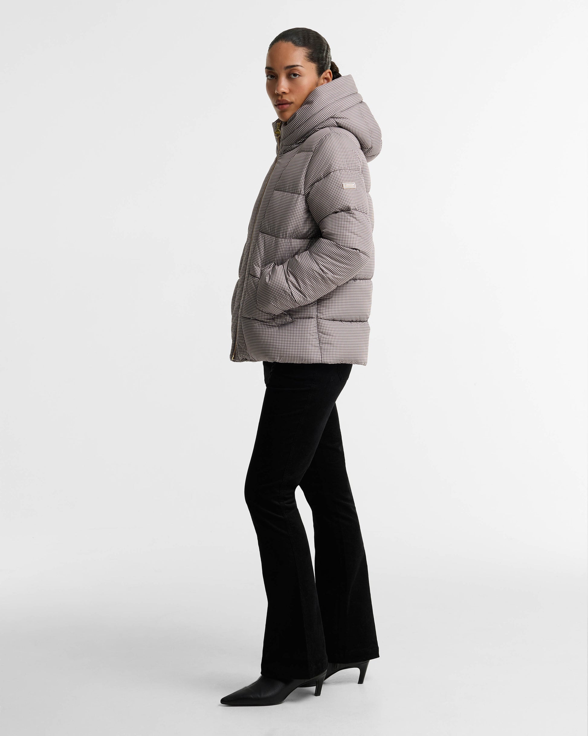 Barbour International Printed Brantley Womens Puffer Jacket - Truffle Northumberland Check | CHO | Designer Womens Puffer Jackets