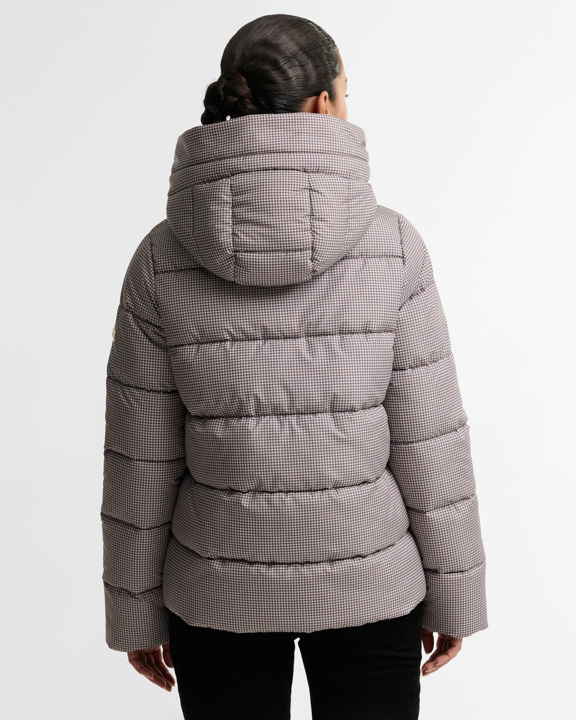 Barbour International Printed Brantley Womens Puffer Jacket - Truffle Northumberland Check | CHO | Designer Womens Puffer Jackets