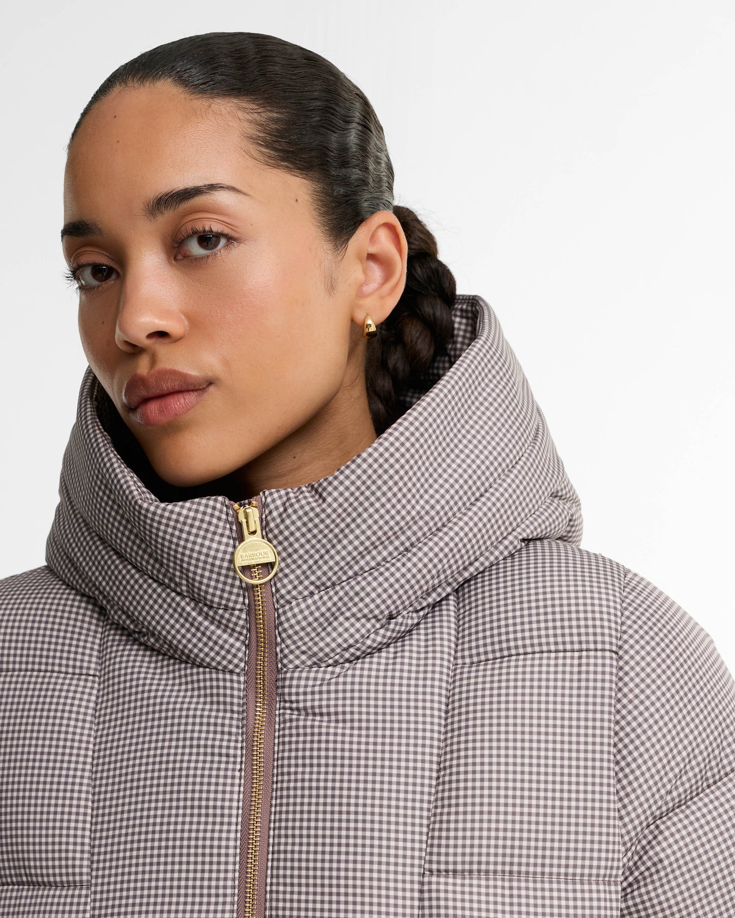 Barbour International Printed Brantley Womens Puffer Jacket - Truffle Northumberland Check | CHO | Designer Womens Puffer Jackets