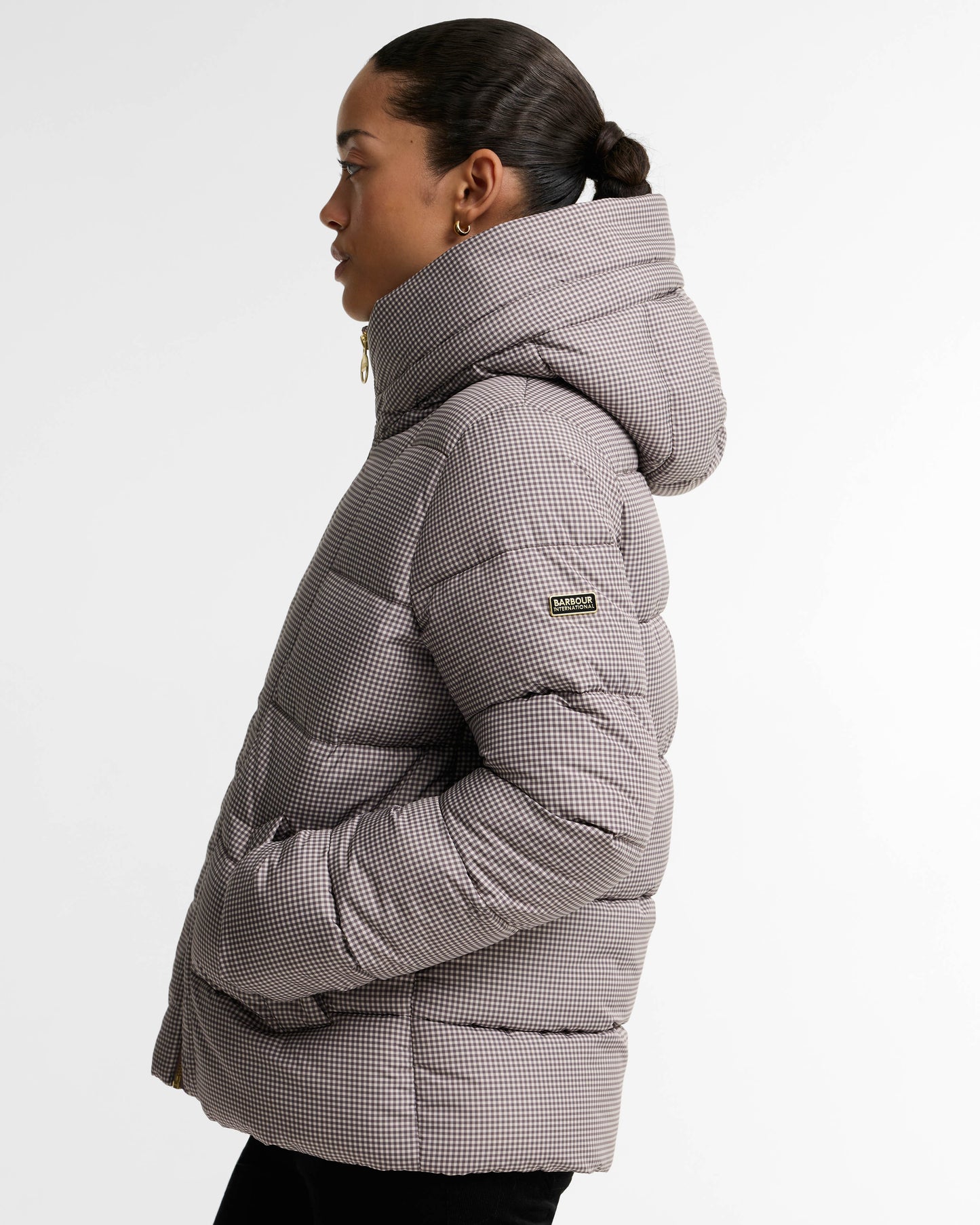 Barbour International Printed Brantley Womens Puffer Jacket - Truffle Northumberland Check | CHO | Designer Womens Puffer Jackets