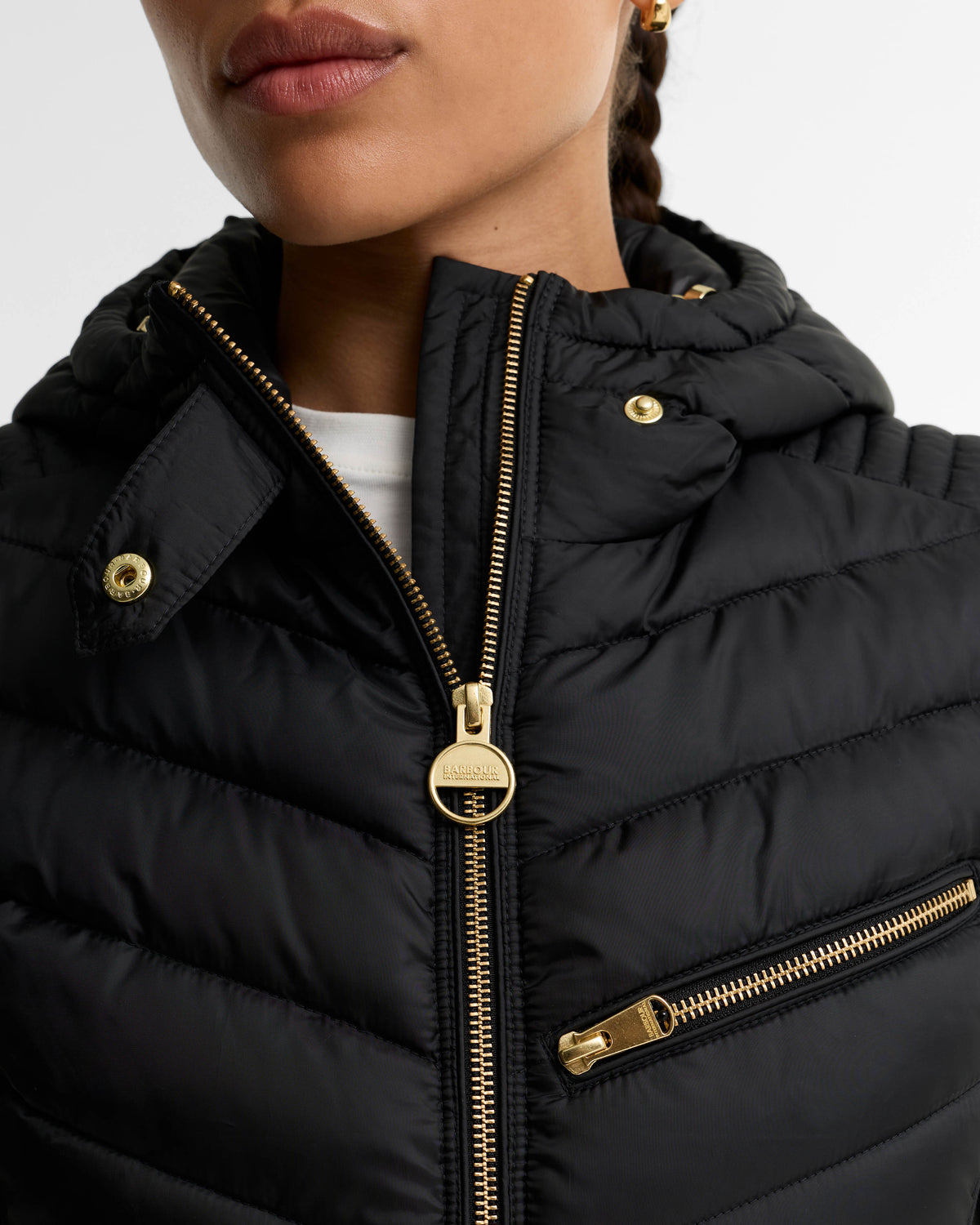 Barbour International Salengro Womens Quilted Jacket - Black, zip detail.