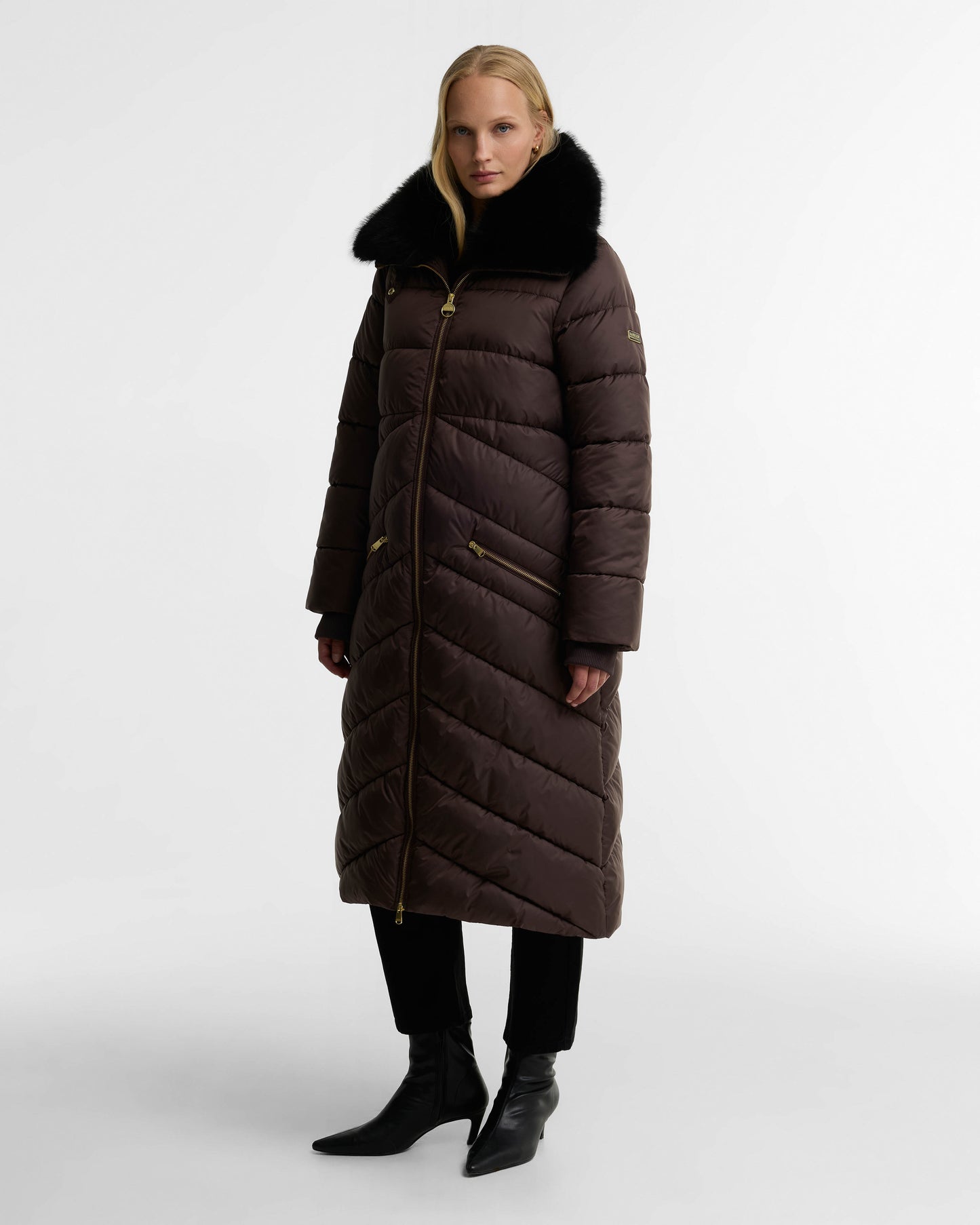 Barbour International Longline Cyrus Womens Puffer Jacket - Truffle | CHO | Designer Womens Puffer Jackets