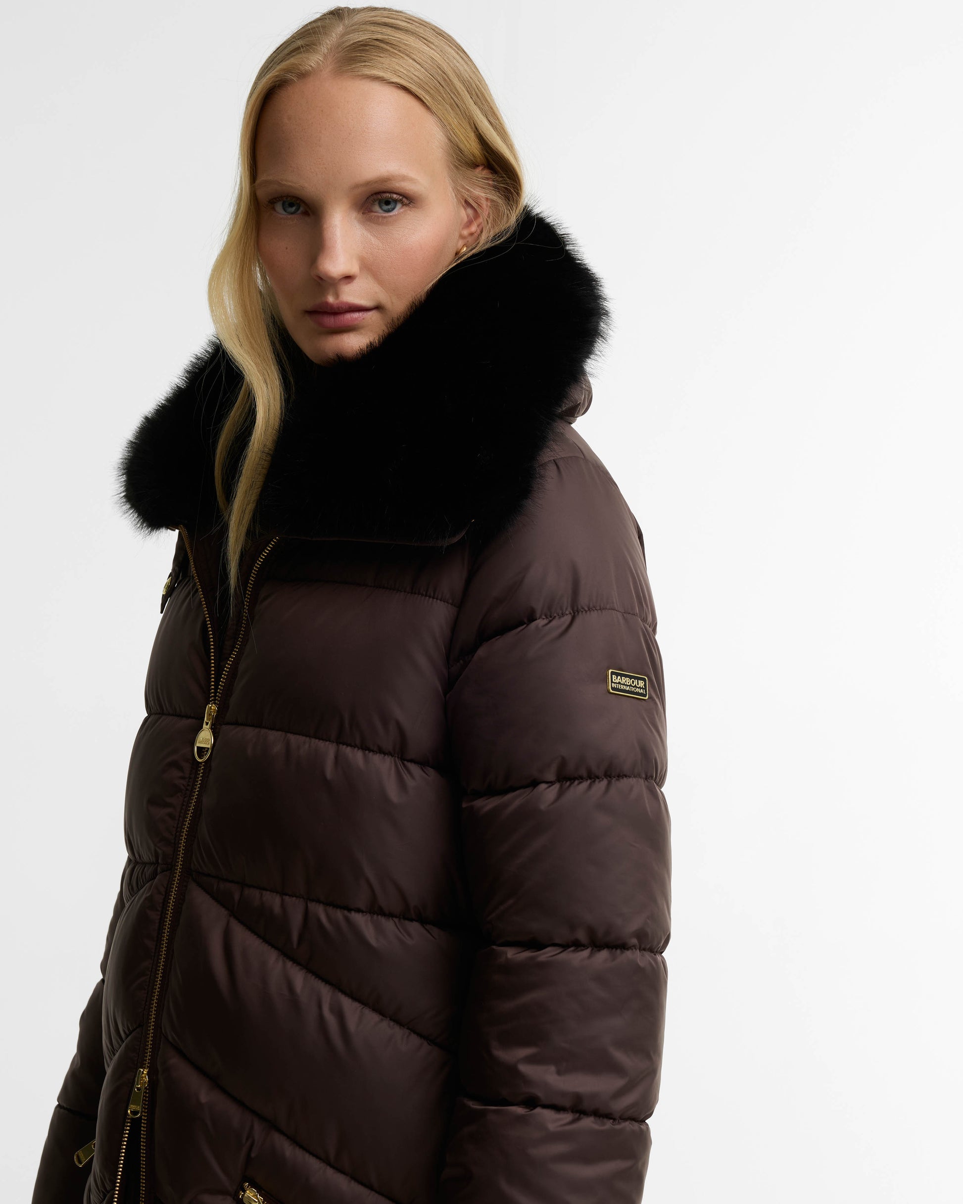 Barbour International Longline Cyrus Womens Puffer Jacket - Truffle | CHO | Designer Womens Puffer Jackets