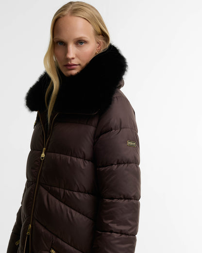 Barbour International Longline Cyrus Womens Puffer Jacket - Truffle | CHO | Designer Womens Puffer Jackets